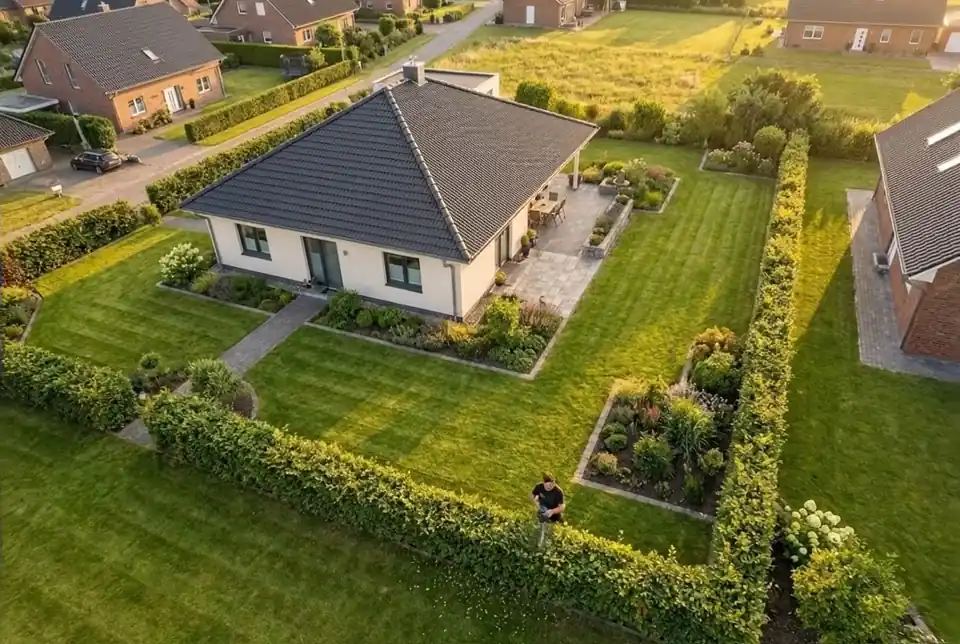 Luftaufnahme eines gepflegten Winzen-Gartens im Sonnenuntergang