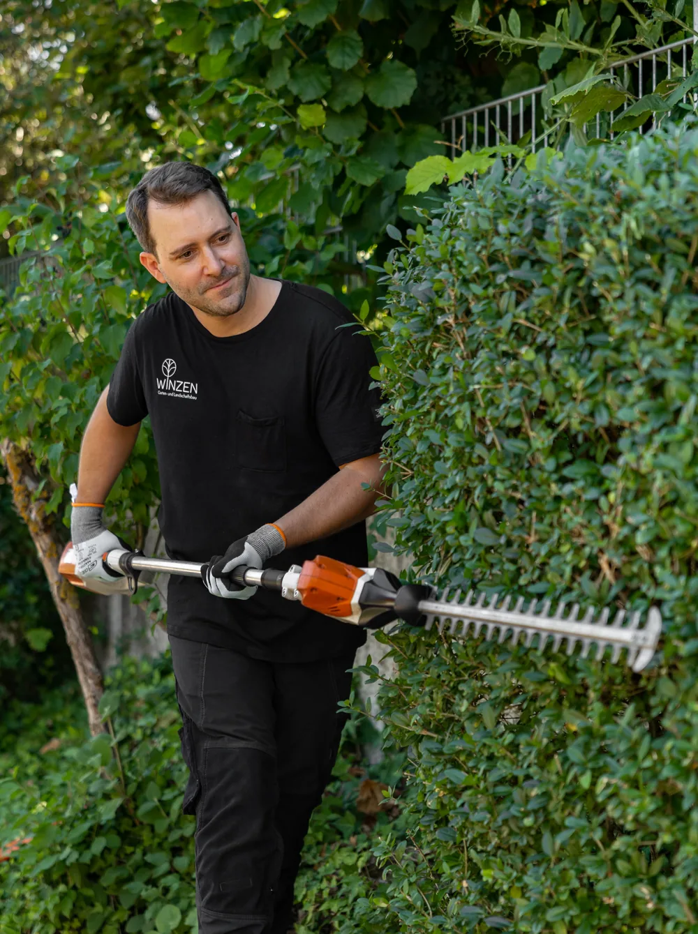Stephan L. Winzen beim Heckenschnitt mit der Teleskop-Heckenschere in einem Garten in Wiesbaden